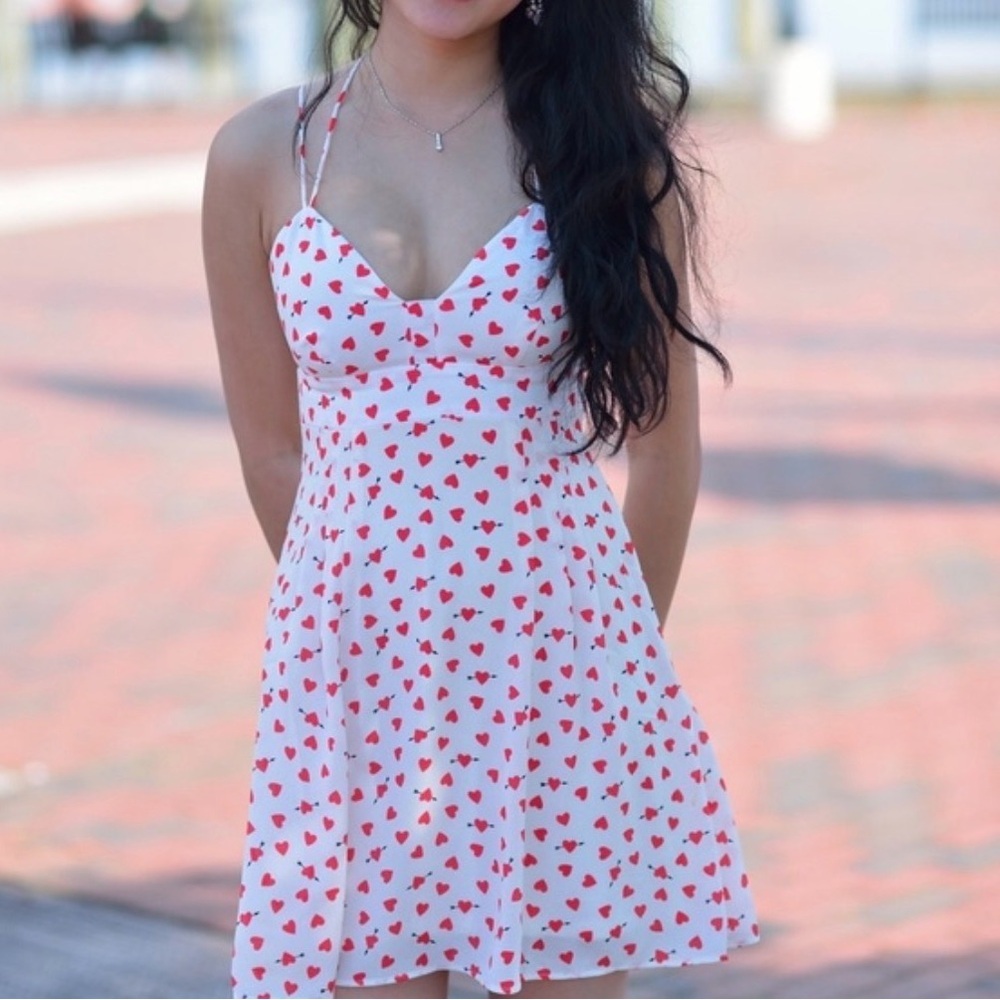 Express Mini Cream Sundress with Red Heart Pattern  Soft Lined Flirty Size 12